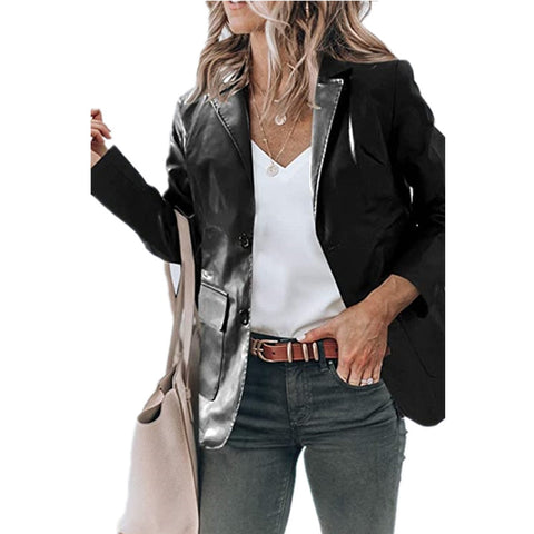 Sonicelife  Women PU Leather Blazer Coat Turn Down Collar Long Sleeve Single Breasted Autumn Winter Solid Casual Office Suit Jackets