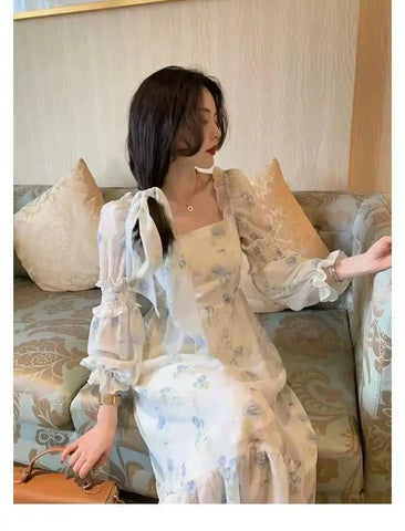 Sonicelife   Korea One Piece Dress Fairy Floral Midi Dress Women Puff Sleeve Elegant Vintage Dress Female Party Dress Office Lady Summer