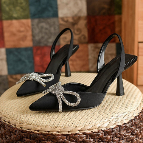 Sonicelife  New Women Sandals Pointed Toe Butterfly Knot Crystal  Female Pumps Flock Thin Heel  Plus Size Ladies Summer Fashion Shoes