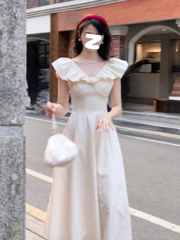 Sonicelife   Summer French Vinatge Elegant Midi Dress Women Slash Neck Off Shoulder Ruffles Patchwork High Waist A-line Dresses Korean Robe