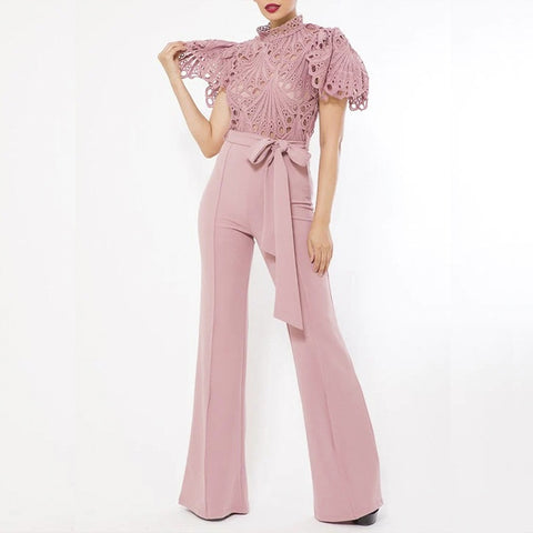 Sonicelife  Fashion High Street Commuter Ladies Solid Suits Women's  Hollow Out Pattern Lace Tops + Wide Leg Pants Tie-Up Two Piece Sets