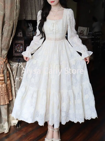 Sonicelife  Elegant Vintage Fairy Dress Women Summer Long Sleeve Casual Princess Dress Female Court Retro Even Party Dress Korean Style