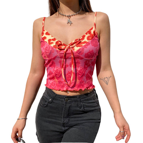 Sonicelife-Floral Print y2k Aesthetic Camisole Women V-neck Leopard Patchwork Crop Tops Transparent Sleeveless Shirt 90s Cuteandpsycho