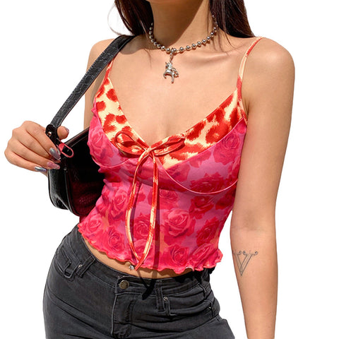 Sonicelife-Floral Print y2k Aesthetic Camisole Women V-neck Leopard Patchwork Crop Tops Transparent Sleeveless Shirt 90s Cuteandpsycho