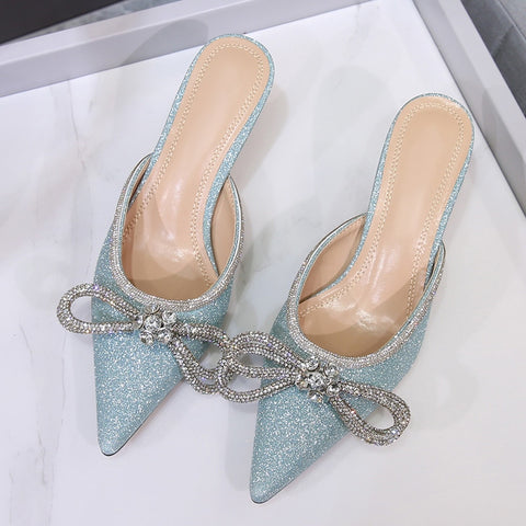 Sonicelife Rhinestones Bowknot Sandals For Women  Buckle Strap Ladies High Heel Pumps Pointed Toe Silk Fashion 2024 Female Shoes Summer