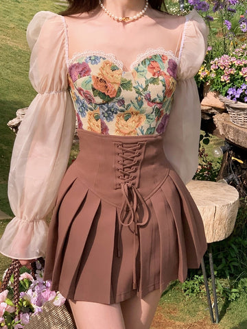 Sonicelife hoco dresses Graduation Gift Vintage Corset Tops + Mini Skirts 2 Piece Dress Set Women Elegant Blouse Y2k Crop Top Evening Party Fashion Suits 2024 Summer