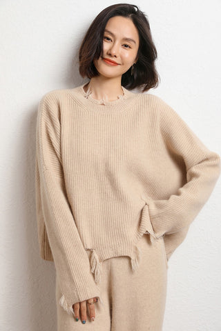 Sonicelife 2024 Autumn and Winter Women's New Irregular Raw Edge Round Neck Short Tassel Cashmere Sweater