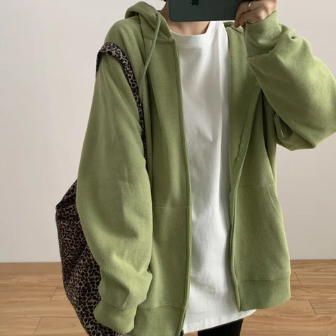 Sonicelife  Oversize Basic Zip Up Hoodie Women Korean Fashion Solid Color Hooded Sweatshirts Streetwear Autumn Long Sleeve Jacket