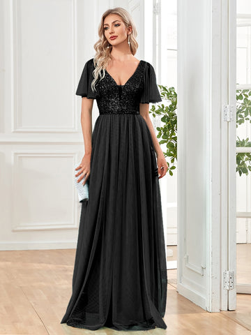 Sonicelife Elegant Sequins Evening Dress Elegant V-Neck A-line Ruffles Chiffon Robe Short Sleeves Formal Wedding Party Dresses