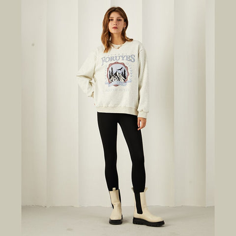 Vintage Moutain Graphic Sweatshirt Pullover Korean Streetwear Light Grey Long Sleeve Oversize Fleece Crewneck Sweatshirt Women