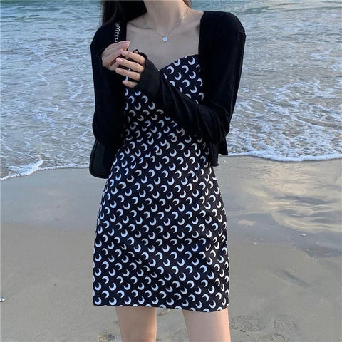 Sonicelife hoco dresses Korean Aesthetic Blackpink Moon Print Summer Mini Dress