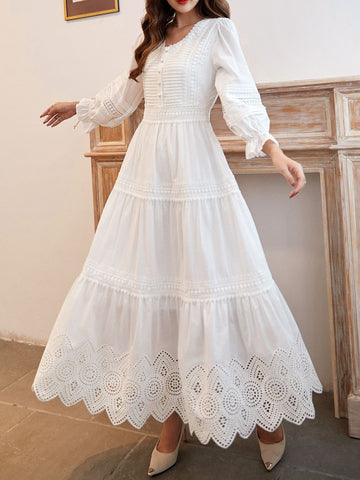 Sonicelife-Lace Elegant Women's Dress Spring Hollow Button V Neck Lantern Sleeve White Long Dresses Boho Casual Holiday Vestidos