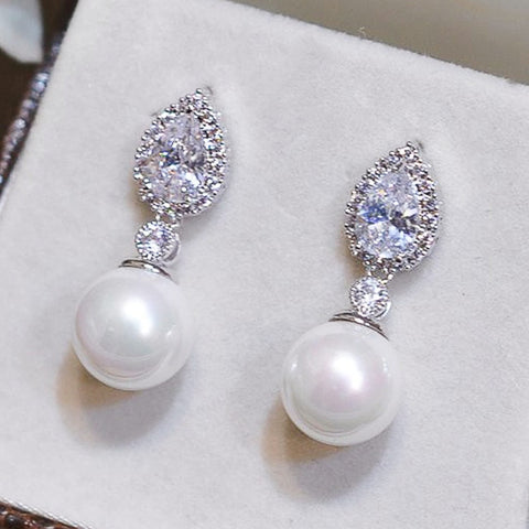 Fashion Luxury Bride Wedding Earrings Modern Design Pear Cubic Zirconia with Imitation Peal Earrings for Women Jewelry