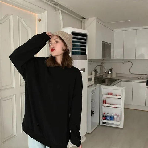 Sonicelife  Basic Solid Crewneck Sweatshirts Women Korean Fashion Oversize Pullover Hoodie Preppy Style Long Sleeve Tshirts Girls