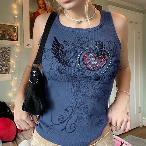 Back to school outfits  Sonicelife  Y2k Retro Printed Crop Top Women Vintage Grunge Rhinestone Sleeveless Slim Tank Top Fairycore Cute  Mini Vest Tees Rapcopter