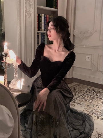 Sonicelife Elegant Long Sleeve Midi Dress Woman Slim French Vintage Velvet Dress Party Casual Korean Fashion Dress Female spring dresses for women 2024 Chic