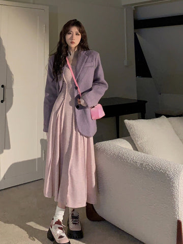 Sonicelife Elegant One Piece Dress Korean Fashion spring dresses for women 2024 Basic Long Sleeve Casual Midi Dress Pure Color Even Party Dress Female Chic