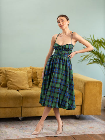 Blue Green Plaid Sleeveless Midi Dresses Summer Backless  Bandage Slip Dresses Vintage Maxi Long Beach Dresses For Women