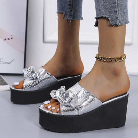 Back  To School Outfit Sonicelife   Large Size For Women's Outer Wear 2023 New Wedge Heel Square Toe Metal Chain-Shaped Fish Mouth Sandals Women's Shoes Slippers