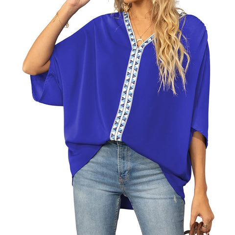 Sonicelife  Women Chiffon Blouses 2023 V Neck Bat Short Sleeve Summer Autumn Pullover Patchwork Solid Tops Green Blue Casual Blouse