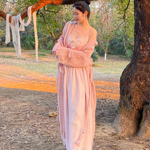 Sonicelife Floral Vintage Elegant Strap Dress Women Lace France Sexy Evening Party Long Dresses Pink Sweet Princess Fairy Dress Summer