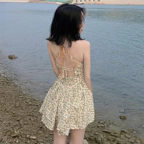 Sonicelife hoco dresses 2024 New  Summer Women's Sling Floral Lace Sweet Mini Dress Summer Casual Sleeveless Bandage Backless Chic Flower Print Beach Wearing