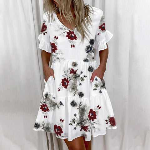 Back to school outfit Sonicelife hoco dresses  Women Ruffles Mini Dress Summer Fashion Elegant V-Neck Floral Print Patchwork Dresses Loose Pocket Casual Beach Party