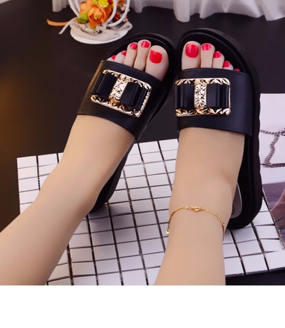 Sonicelife  Summer Fashion Metal Buckle Bow High Heels Slippers Outdoor Thick Bottom Wedge Beach Sandals.