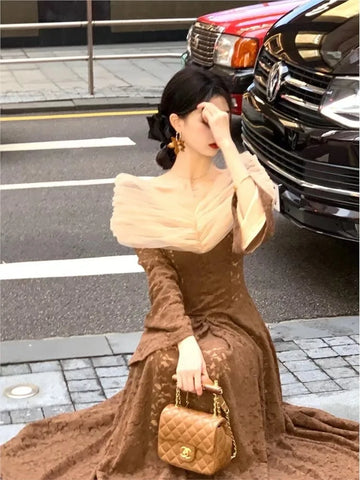 Sonicelife   -  French Vinatge Midi Dress Women Casual Long Sleeve Elegant Slim Dress Female Evening Party Fairy Dress Korean Fahion 2024 Spring