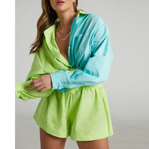 Sonicelife 2024 Women Tracksuit Y2K Two Piece Set Green Long Sleeve Shirt and Mini Shorts Female Summer Suits Lady Fashion Outfits