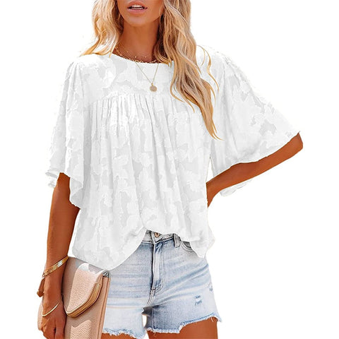 Sonicelife  2024 Women Floral Chiffon Blouses O Neck Flare Short Sleeves Hollow Loose Casual Solid Tops Pullover Office Lady Blouse