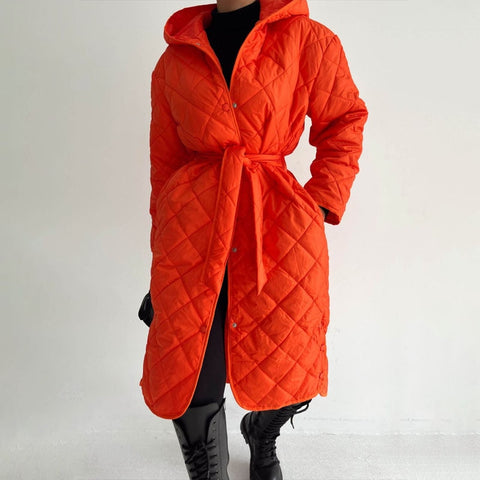 Sonicelife  autumn  winter 2023 hooded rhombus cotton jacket women's autumn and winter coat new casual all-match waist long cotton coat women