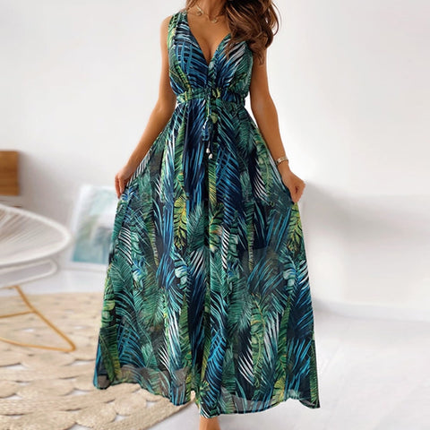 Sonicelife   V Neck Dress Vintage Floral Print Backless Maxi Dress Elegant Summer Beach Sleeveless Lace-Up Boho Dresses Vestidos