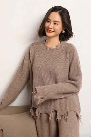 Sonicelife 2024 Autumn and Winter Women's New Irregular Raw Edge Round Neck Short Tassel Cashmere Sweater