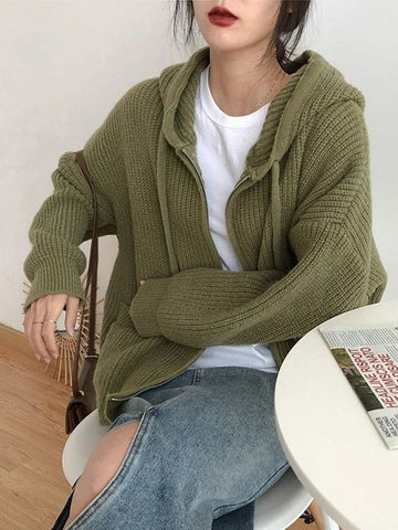 Sonicelife Women Vintage Zipper Hooded Cardigan Sweater Long Sleeve New Knitwear Tops Loose Coat Korean Autumn Winter Women's Clothes 2024