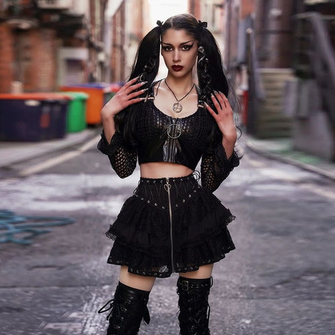 Sonicelife Halloween Streetwear Gothic Lace Skirt Women Emo Alternative Y2k E-girl Lolita High Waist Skirt Harajuku Grunge Clubwear Female