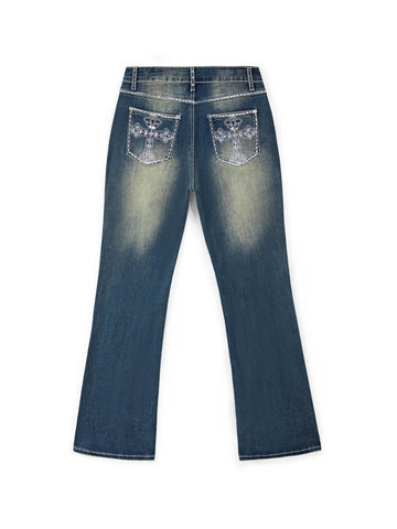 Sonicelife 2024 New Fashion Woman Bottom Elegant Rhinestone Chrome Hearts Flare Leg Jeans