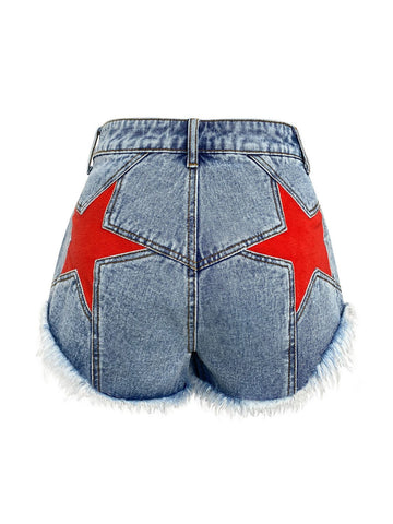 Sonicelife 2024 New Fashion Woman Bottom Elegant Star Patched Raw Hem Denim Shorts