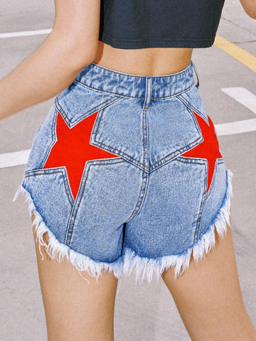 Sonicelife 2024 New Fashion Woman Bottom Elegant Star Patched Raw Hem Denim Shorts