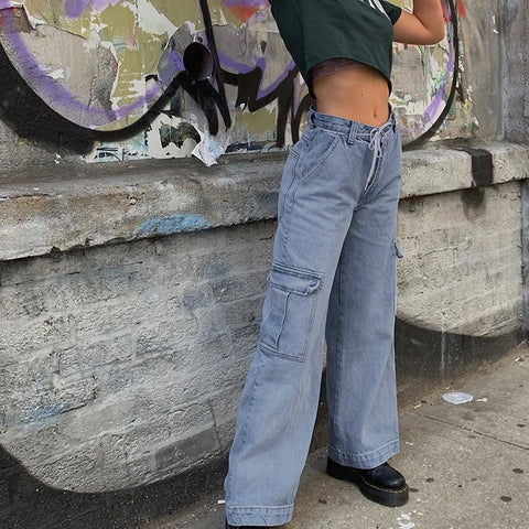 Sonicelife  Women 90S Y2K Patchwork Wide Leg Mom Jeans Big Pocket Cargo Pants Vintage Mopping Pants Casual Streetwear Boyfriend Denim Jeans