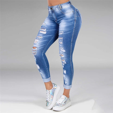 Sonicelife  Washed Ripped Jeans Women S-5XL Korean High Waist Trousers Skinny Denim Jeans Black Blue Hollow Bleached Pencil Pants 2023