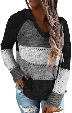 Back to school outfits Sonicelife  New Fall Winter Patchwork Hooded Sweaters For Women Long Sleeve V-Neck Slim Pullover Tops Jumper Plus Size Female Knit Sweaters