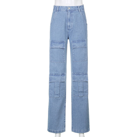 Sonicelife  Women 90S Y2K Patchwork Wide Leg Mom Jeans Big Pocket Cargo Pants Vintage Mopping Pants Casual Streetwear Boyfriend Denim Jeans