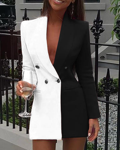 2023 Women Office Dress Colorblock Patchwork Long Sleeve Blazer Dress  Deep V Neck Button Design Casual Mini Dress Workwear