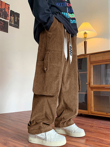 Sonicelife 2024 New Fashion Woman Bottom Elegant Men's Vintage Straight Leg Corduroy Cargo Pants