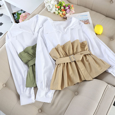 White Collar Shirt Ruffles Casual Blouse Tops Women Long Sleeve Stitching Tunics V Neck Ladies Clothes With Belted 2023 Fashion