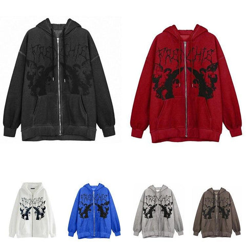 Sonicelife Women Hip Hop Streetwear Hooded Jacket Angel Dark Print Jacket Coat Harajuku Cotton Autumn Punk Winter Jacket Outwear Zipp 1027