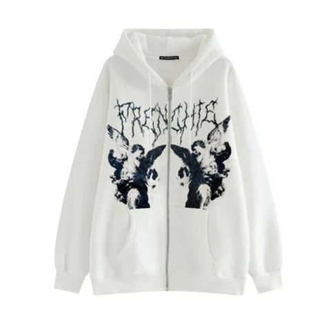 Women Hip Hop Streetwear Hooded Jacket Angel Dark Print Jacket Coat Harajuku Cotton Autumn Punk Winter Jacket Outwear Zipp 1027-1