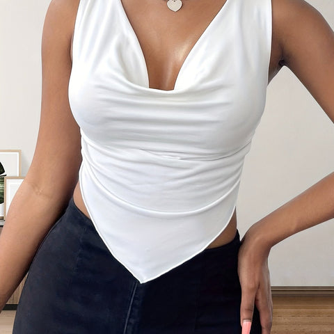 Sonicelife Hanky Hem Cowl Neck Tank Top, Y2K Sleeveless Tank Top For Summer, Women's Clothing