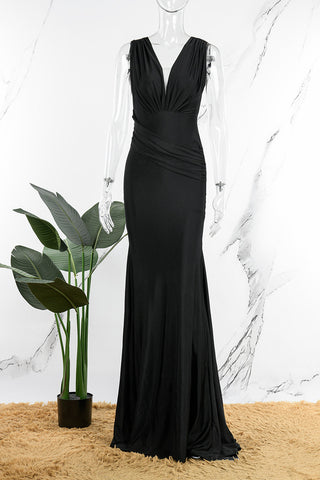 Sonicelife - Black Sexy Formal Solid Patchwork V Neck Evening Dress Dresses